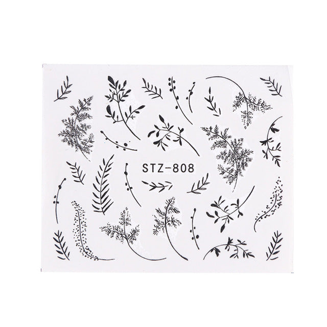1pc Water Nail Stickers Decal Black Flowers Leaf Transfer Nail Art Decorations Slider Manicure Watermark Foil Tips SASTZ808-838