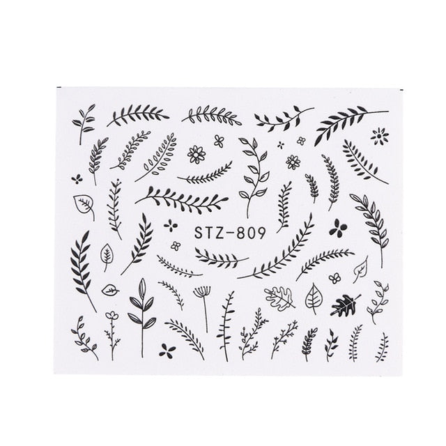 1pc Water Nail Stickers Decal Black Flowers Leaf Transfer Nail Art Decorations Slider Manicure Watermark Foil Tips SASTZ808-838