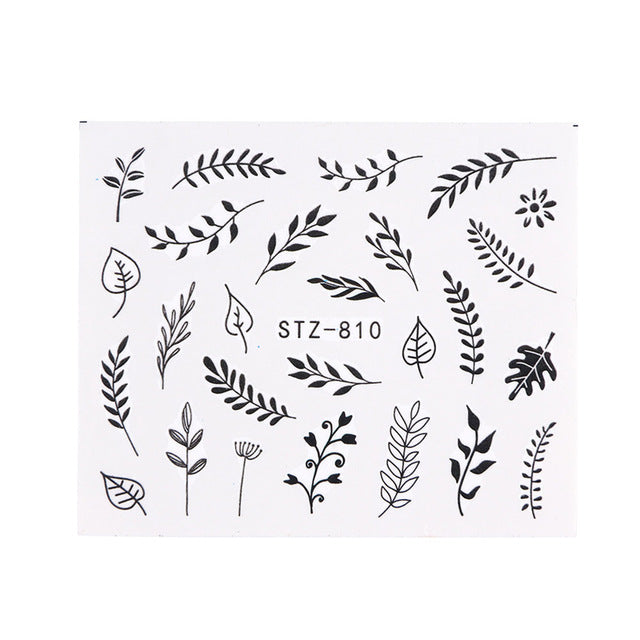 1pc Water Nail Stickers Decal Black Flowers Leaf Transfer Nail Art Decorations Slider Manicure Watermark Foil Tips SASTZ808-838