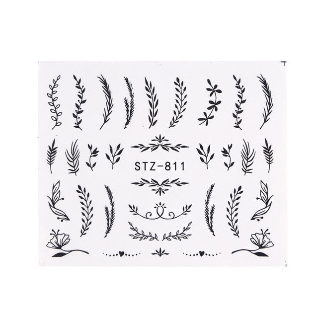 1pc Water Nail Stickers Decal Black Flowers Leaf Transfer Nail Art Decorations Slider Manicure Watermark Foil Tips SASTZ808-838