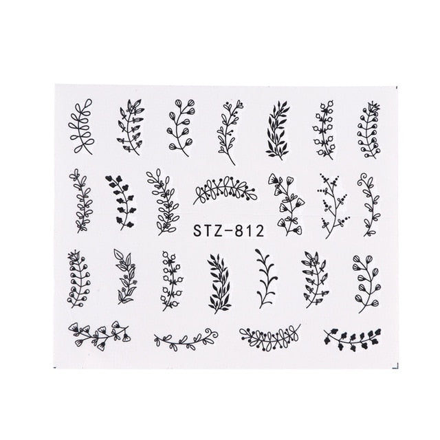 1pc Water Nail Stickers Decal Black Flowers Leaf Transfer Nail Art Decorations Slider Manicure Watermark Foil Tips SASTZ808-838