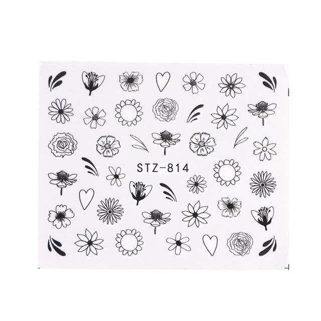 1pc Water Nail Stickers Decal Black Flowers Leaf Transfer Nail Art Decorations Slider Manicure Watermark Foil Tips SASTZ808-838
