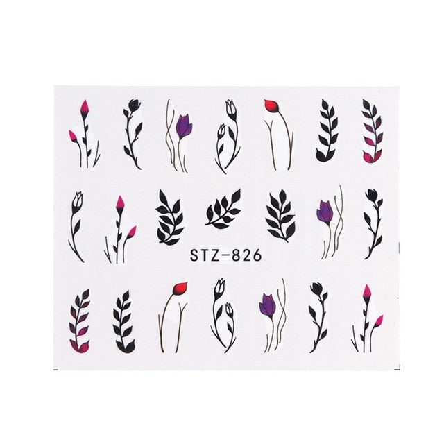 1pc Water Nail Stickers Decal Black Flowers Leaf Transfer Nail Art Decorations Slider Manicure Watermark Foil Tips SASTZ808-838