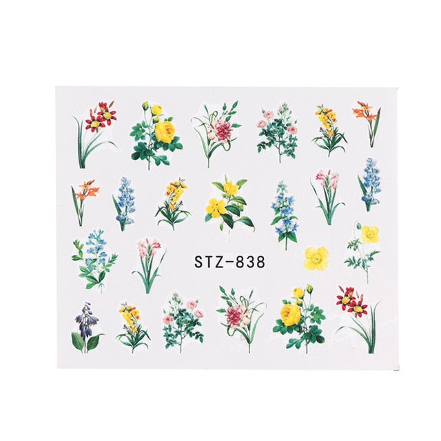 1pc Water Nail Stickers Decal Black Flowers Leaf Transfer Nail Art Decorations Slider Manicure Watermark Foil Tips SASTZ808-838