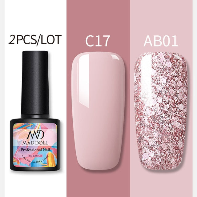 MAD DOLL Glitter UV Gel Nail Polish Set Nude Color Series Led Nail Gel Varnish Semi Permanent Nail varnish Sequins Gel 2pcs/set