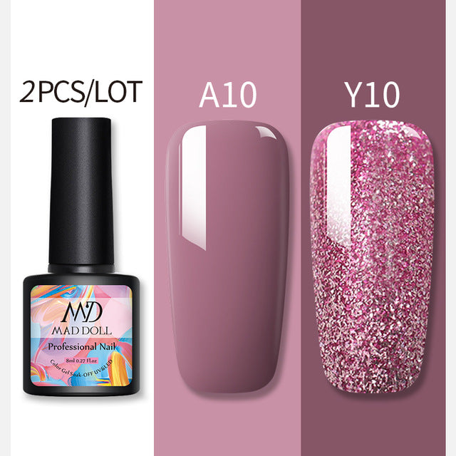 MAD DOLL Glitter UV Gel Nail Polish Set Nude Color Series Led Nail Gel Varnish Semi Permanent Nail varnish Sequins Gel 2pcs/set