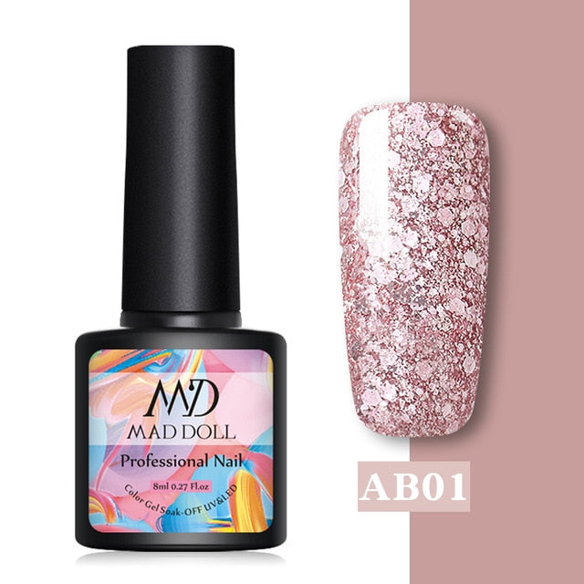 MAD DOLL Glitter UV Gel Nail Polish Set Nude Color Series Led Nail Gel Varnish Semi Permanent Nail varnish Sequins Gel 2pcs/set