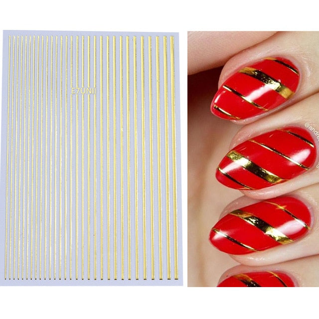 1 Sheet Nail Sticker Gold Silver Stripe Lines 3D Metal Strip Tape Multi-size Adhesive Nail Decoration Sticker DIY Nail Stickers